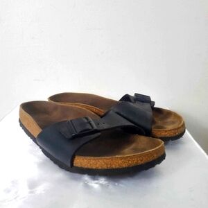 Birkenstock Madrid Size 40 with signature Cork sole Birko-Flor Black 7Men 9Women